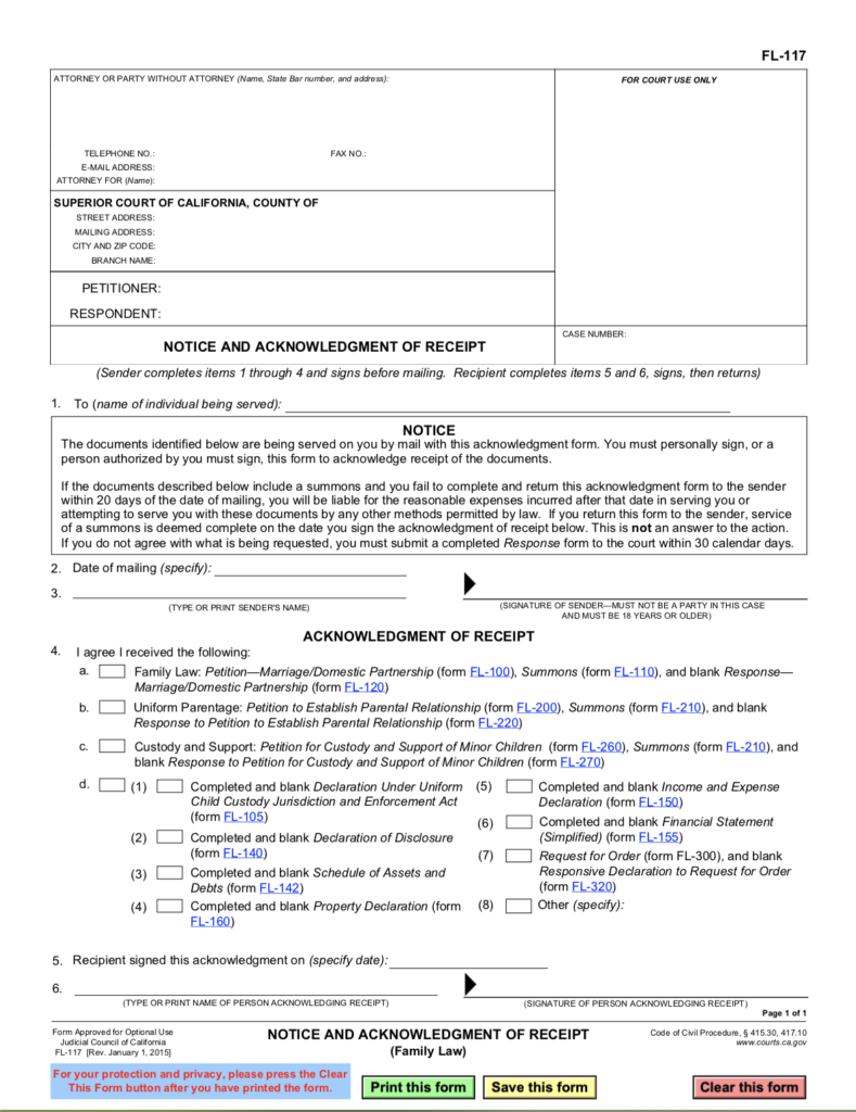 Fl 117 Notice And Acknowledgment Of Receipt Fillable Judicial Council 6960