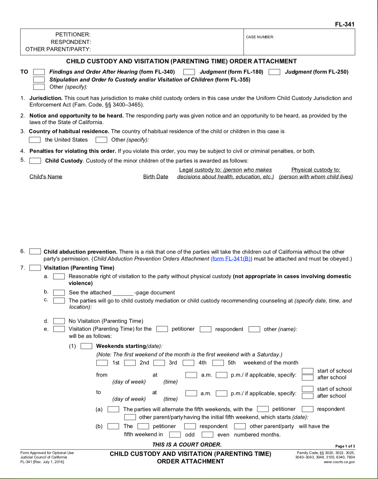FL-341 Child Custody and Visitation (Parenting Time) Order Attachment.
