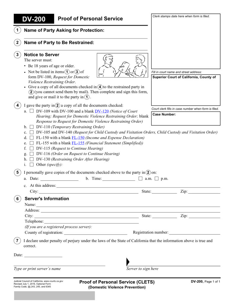 DV 200 Proof Of Personal Service Fillable DV Form California 