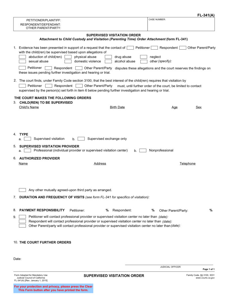 FL 341 A Supervised Visitation Order Fillable Judicial Council Form 