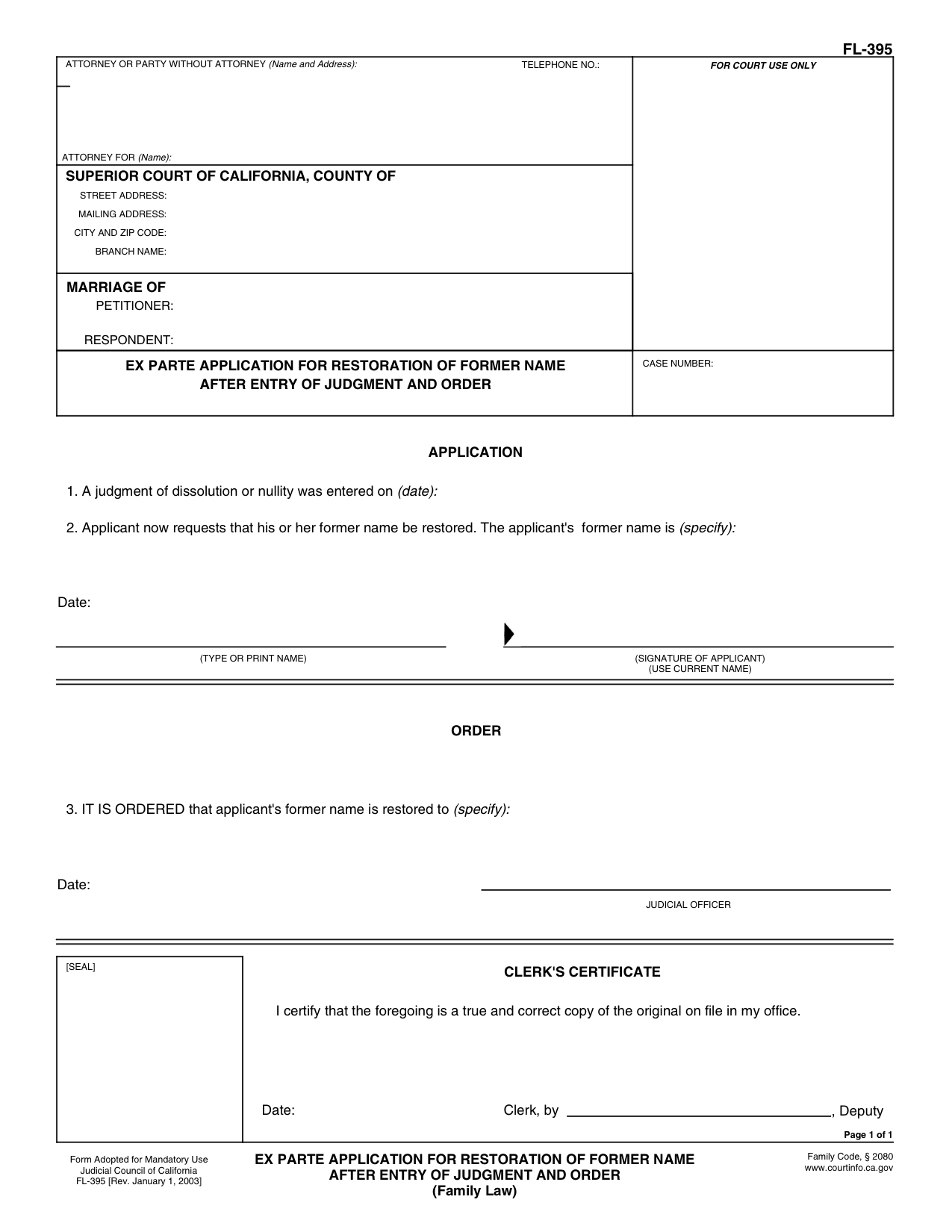 FL-395 Ex-Parte Application for Restoration of Former Name. Fillable.